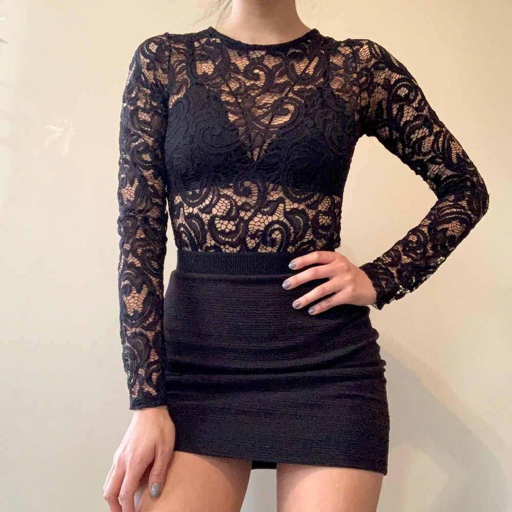 Long Sleeve Lace Thong Bodysuit